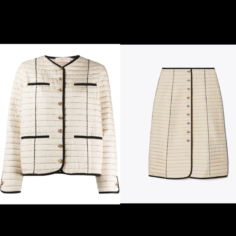 Tory Burch Quilted Jacket & Skirt Set NWT size 2 Light Pale Stone